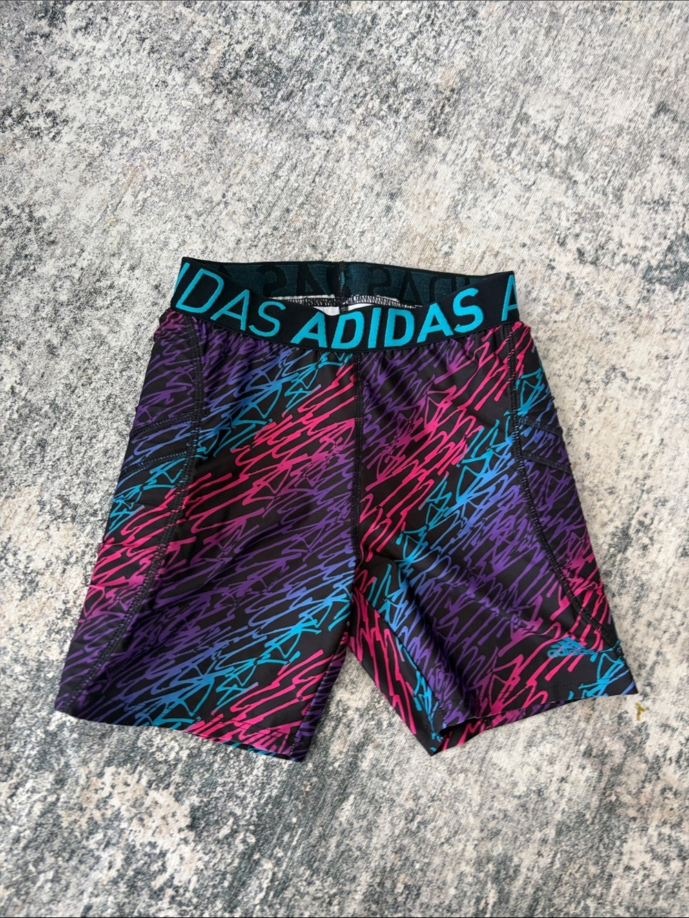 adidas Black Shorts with Teal, Magenta, Purple Scribble Print